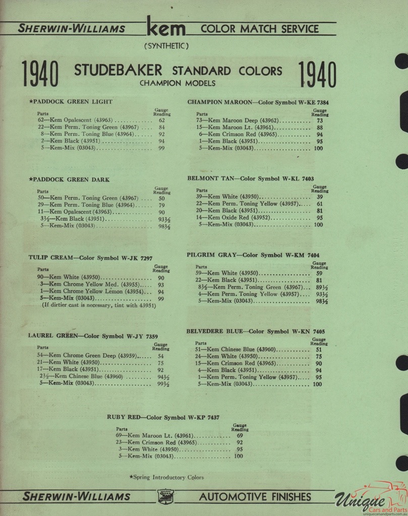 1940 Studebaker Paint Charts Williams 6
